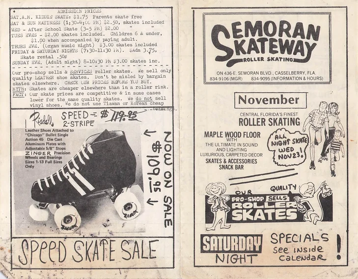 Front and back of the original 1970s Semoran Skateway flyer, showing the logo, admission prices and a speed skate sale