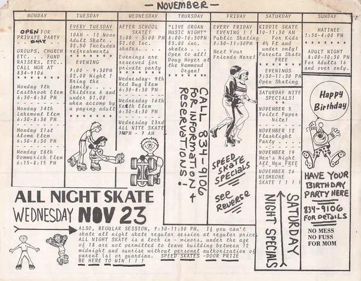 Inside of the 1970s flyer: a hand-drawn November session calendar with a session for every day of the week