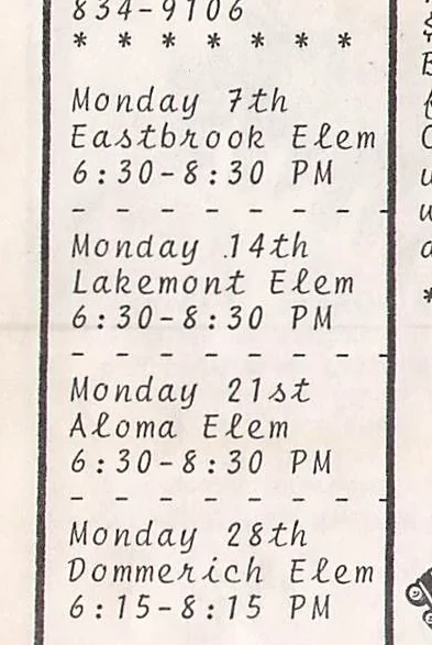 A column from Semoran Skateway's 1977 calendar listing Monday school nights for Eastbrook, Lakemont, Aloma and Dommerich Elementary